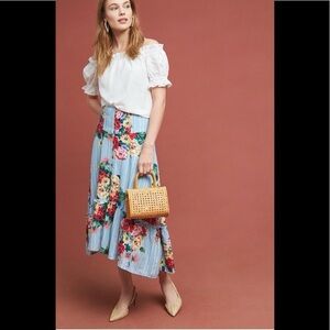 ANTHROPOLOGIE Maeve Claudette Midi Skirt Blue Floral Linen Buttons Hi Rise Sz 2
